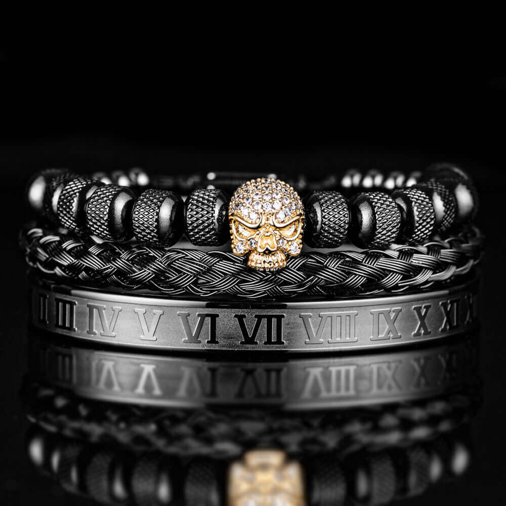 roman-skull-bracelet-set-black-gold